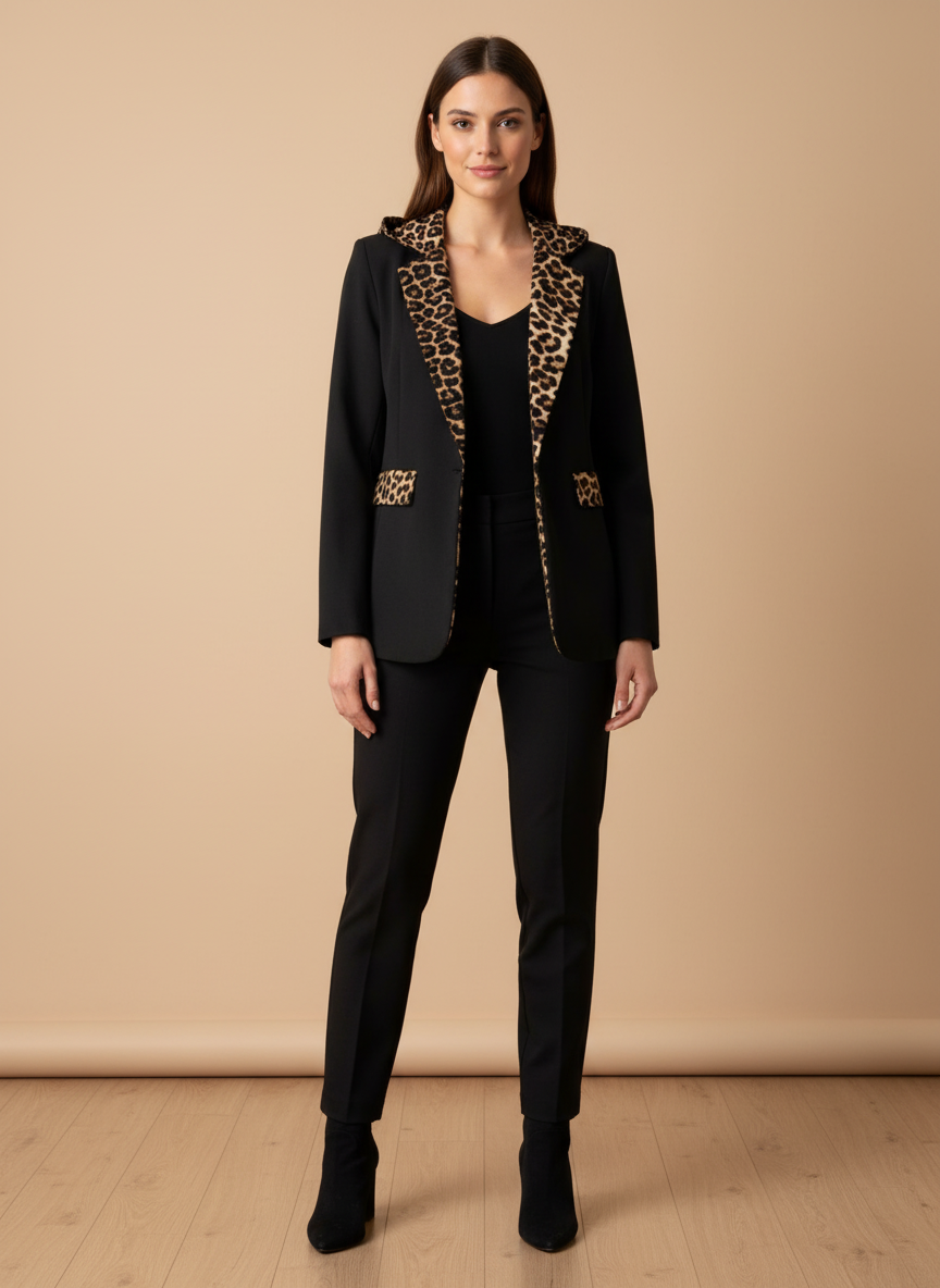 Blazer Donna Elegante con Risvolti e Tasche Leopardati